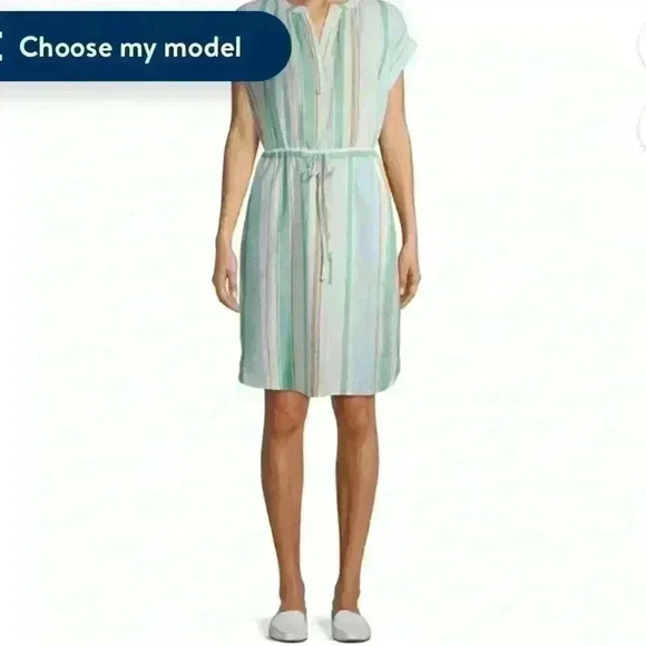 Time and Tru White and Neutral Colors Vertical Stripe Cinched Dress Women M - Picture 2 of 11